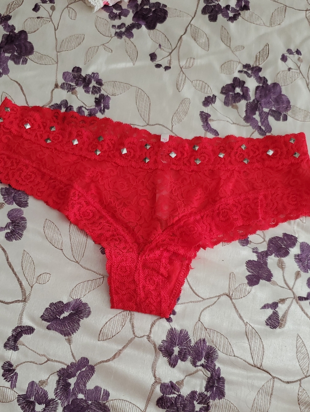 PINK Victoria's Secret Red Lace Hipster Panty with Stud Accents
